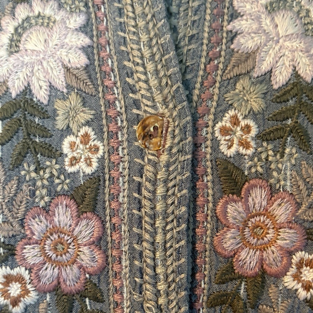 Floral Embroidered Button Down Shirt - Gray w/ tonal Pinks - Picture 2 of 11
